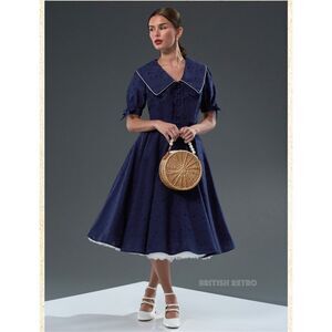 NWT British Retro Florence Navy Broderie Anglaise 50s Style Dress UK 14 US 10